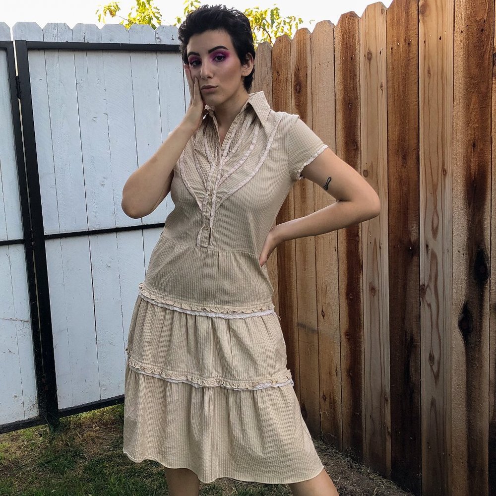 Kozi Tan Prairie Pinstripe Collared Dress